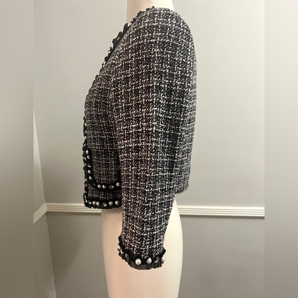 Maje Tweed Blazer Cropped Embellished Faux Pearls and Rhinestones XS - Picture 3 of 11